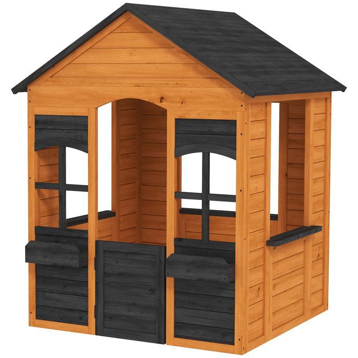 Cabane enfant extérieur en bois, maison enfant extérieure, demi-porte, fenêtres, bacs à fleurs, 3-8 ans, marron clair