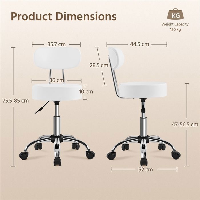 Yaheetech Rund Krakk med Hjul, Justerbar Høyde 75,5-85 cm, Polstret Sete, Kunstskinntrekk, Hvit