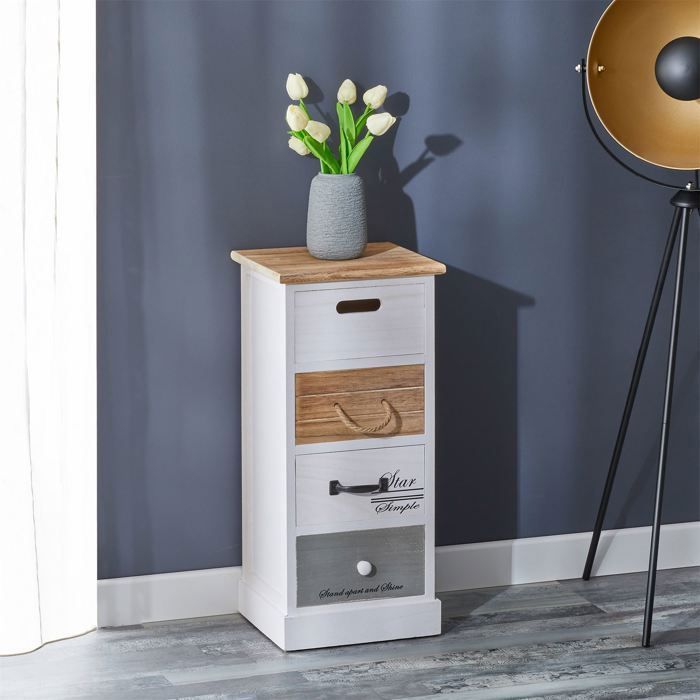 Cómoda SALVA, 63 cm de alto, de madera maciza, blanca, gris y marrón, 4 cajones, pequeño mueble de almacenamiento alto.