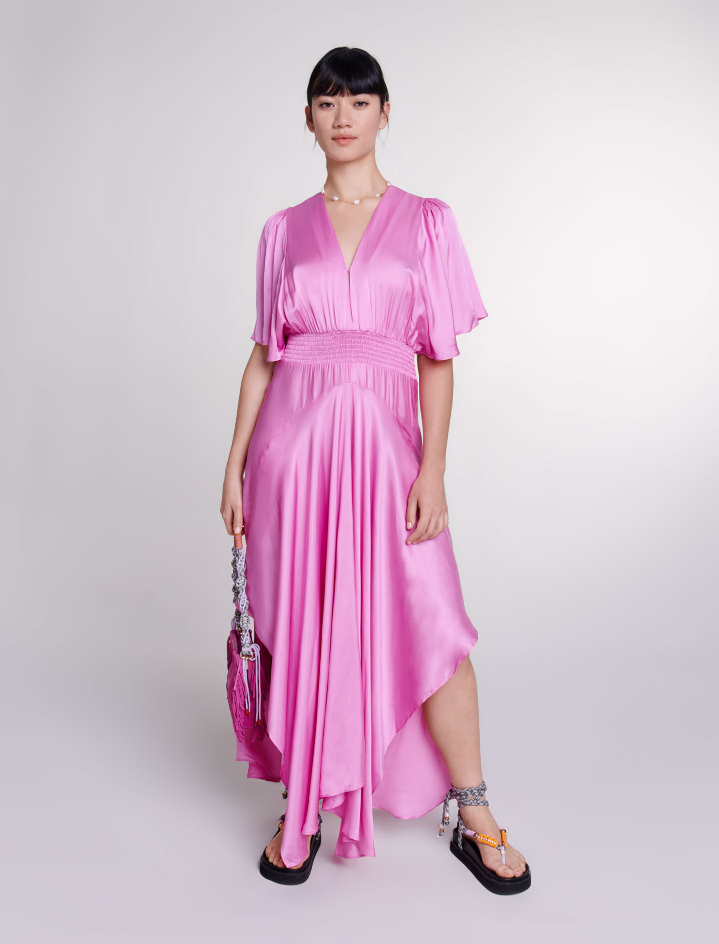 Rochie lungă din satin - Roz
