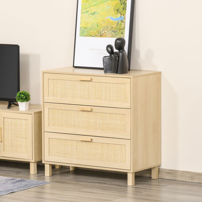 Cómoda - HOMCOM - 4 cajones, caña de ratán, mueble de almacenamiento para dormitorio - MDF - 80x40x80cm - madera clara