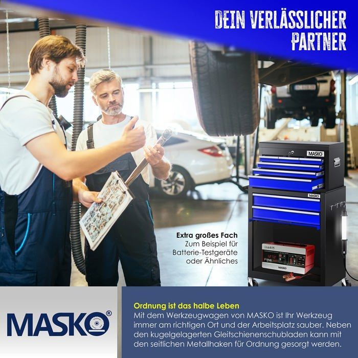 MASKO® Chariot servante d’Atelier | Chariot à Outils 9 Tiroirs verrouillables avec serrure Bleu