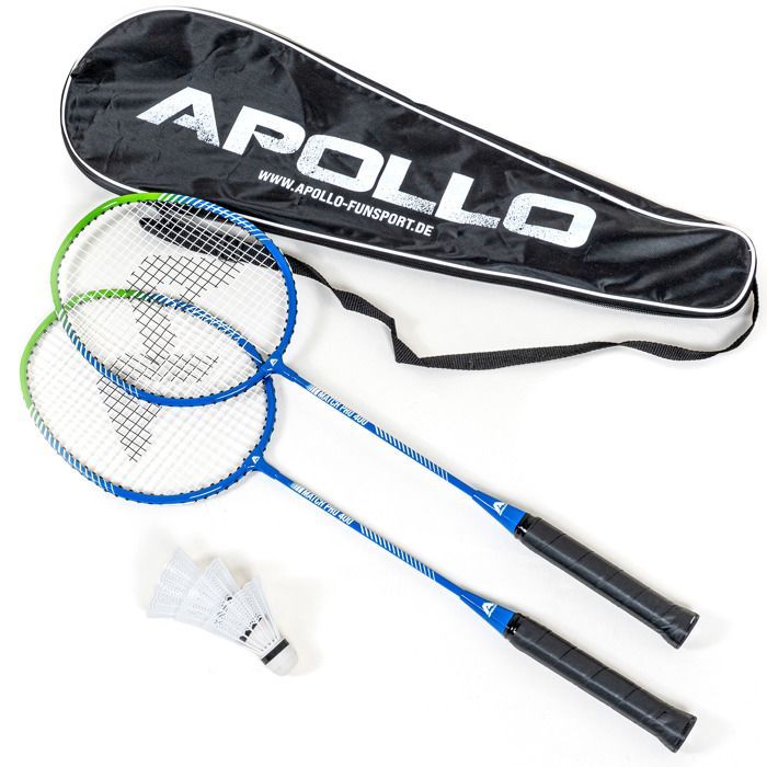 Set da badminton Apollo Match Pro 400 – Racchette da badminton con fodero e volani – Blu/Verde