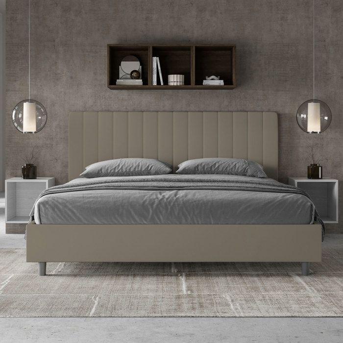 Cama king size con almacenamiento - Ityhome - Agueda - 200x210 cm - Piel sintética color capuchino - Diseño moderno