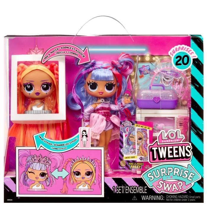 Muñeca LOL Surprise Tweens Surprise Swap Fashion Doll - Buns-2- Braids Bailey - 1 muñeca Tweens de 17 cm, 1 mini cabeza para peinar y accesorios.