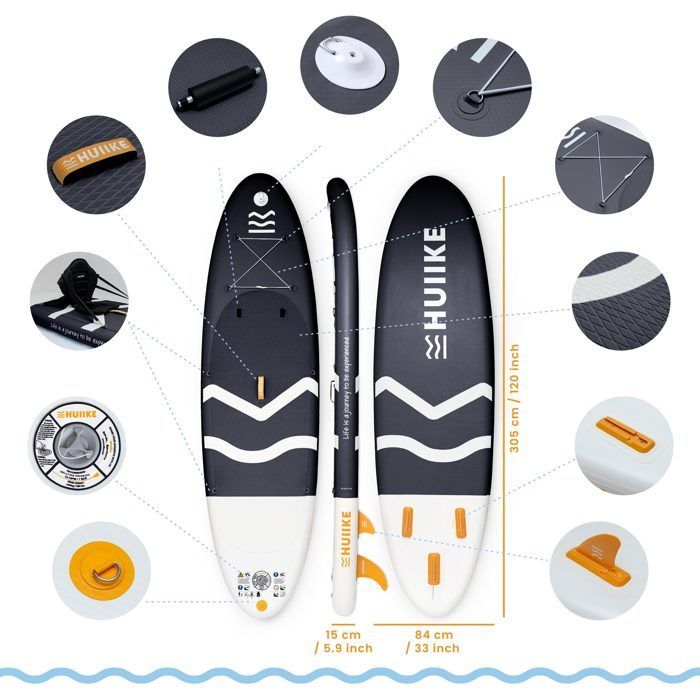 Aufblasbares Stand-Up-Paddleboard für Erwachsene, Schwarz, mit hochwertigem Zubehör – HUIIKE – Stand-Up-Paddleboard mit Doppelpaddel und Kajaksitz