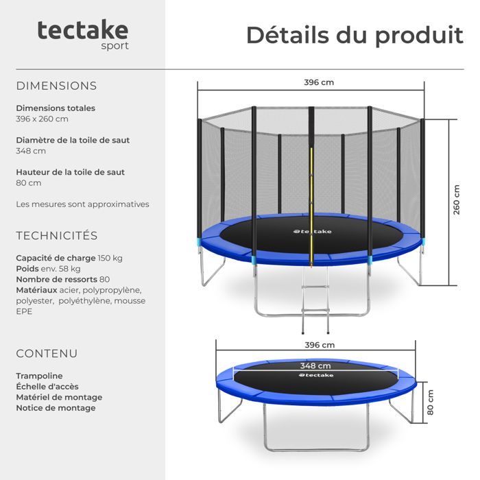 Cama elástica - TECTAKE - GARFUNKY Modelo B Cama elástica com lona de salto em aço resistente, 396 cm - Preto/azul