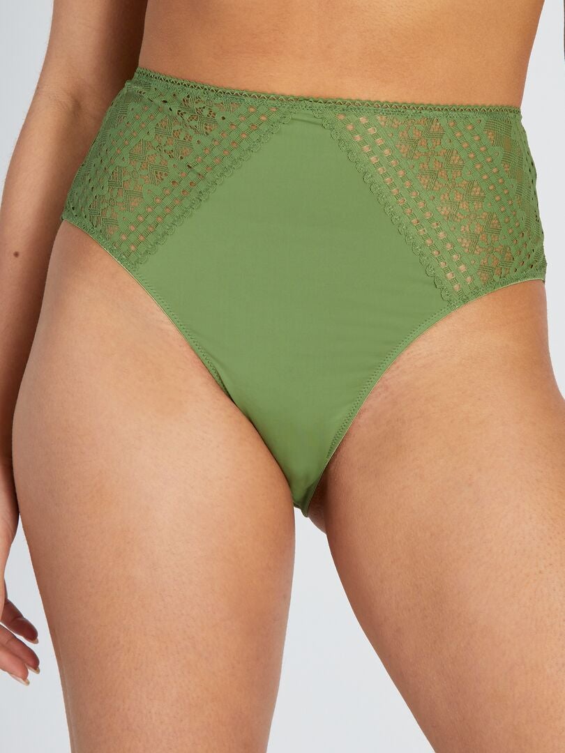 Calcinha fio dental de renda de cintura alta - VERDE