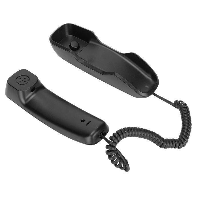 Telefone fixo com fio, tela LCD, compacto, rediscável, acabamento preto, para telefonia residencial e comercial.