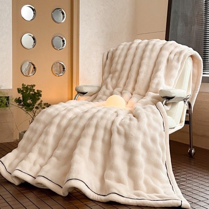 Manta de forro polar grueso MHY®, estilo burbuja, piel sintética de conejo, manta de franela lisa, 150x200cm, manta para sofá, colcha, beige