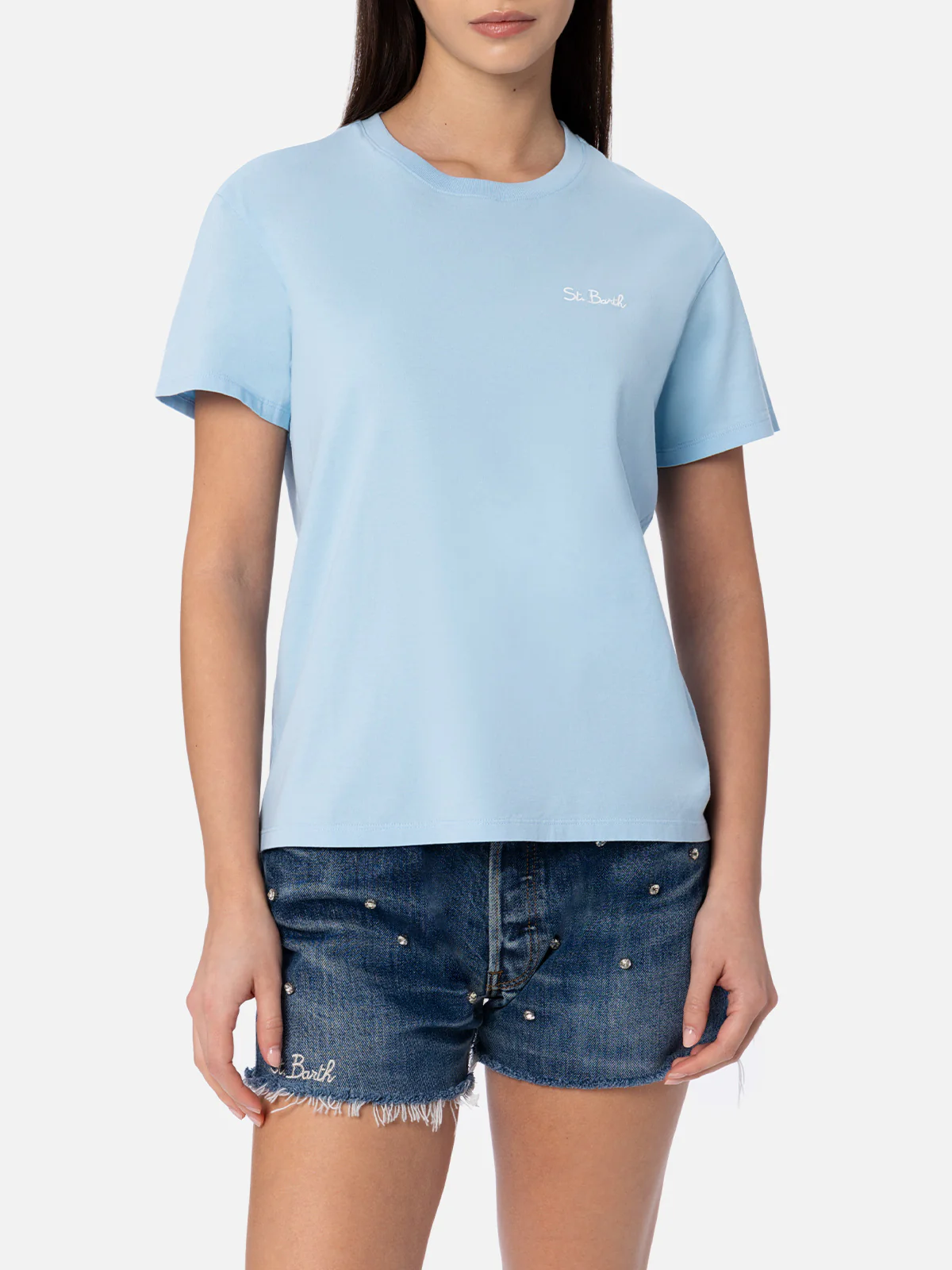 Emilie dames T-shirt met ronde hals, lichtblauw katoenen jersey