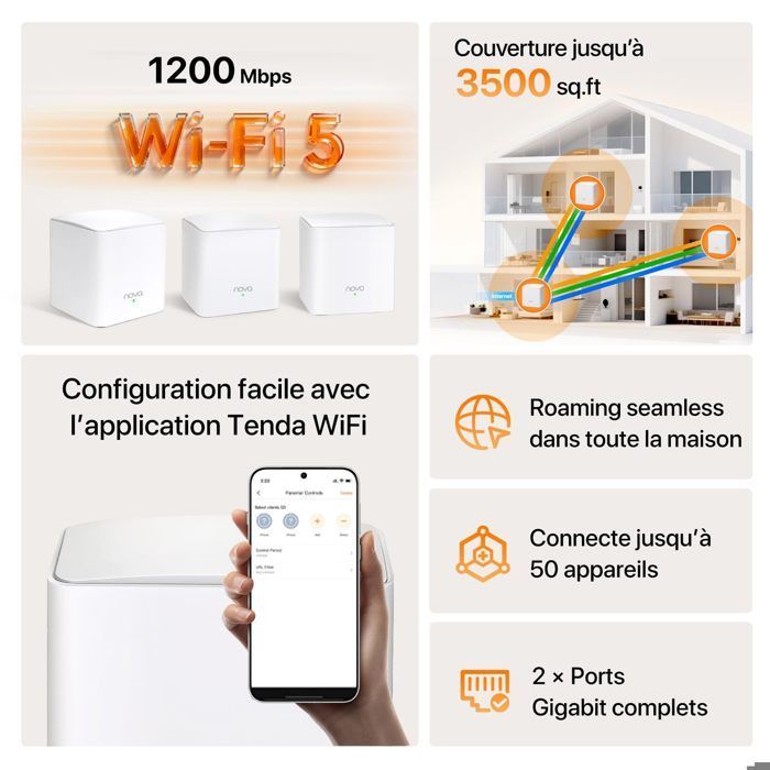 Tenda WiFi Mesh Nova MW5G AC 1200 - Système WiFi Mesh Couverture de 3 à 5 pièces- 3 Pack