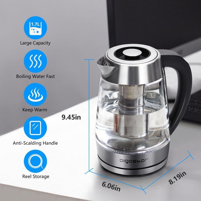 Bollitore Aigostar Cris con infusore per tè rimovibile, vetro borosilicato da 1,7 l, 2200 W, colori LED