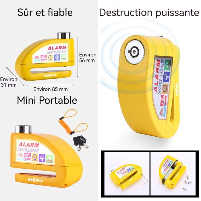 Candado de disco - INNOVTEC - Alarma para motocicleta 130dB Antirrobo SRA Homologado Mini U-Lock Aleación de zinc Seguridad para motocicleta Scooter