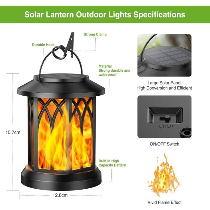 Set van 2 hangende solar lantaarns voor buiten in de tuin, met realistisch en flikkerend LED-vlameffect, waterdicht.