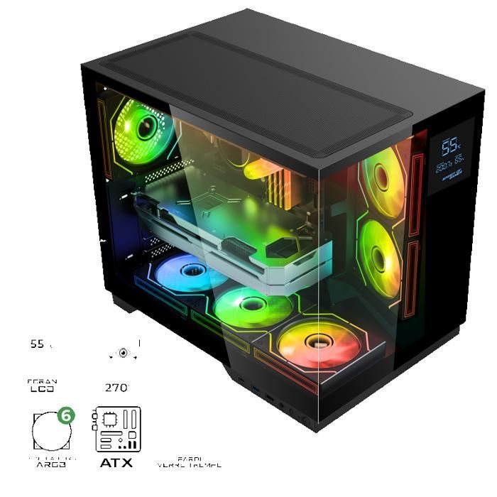 Boîtier PC Gamer - SPIRIT OF GAMER - VIPER CRX DARK - Écran LCD - Refroidissement ARGB - Design en verre trempé