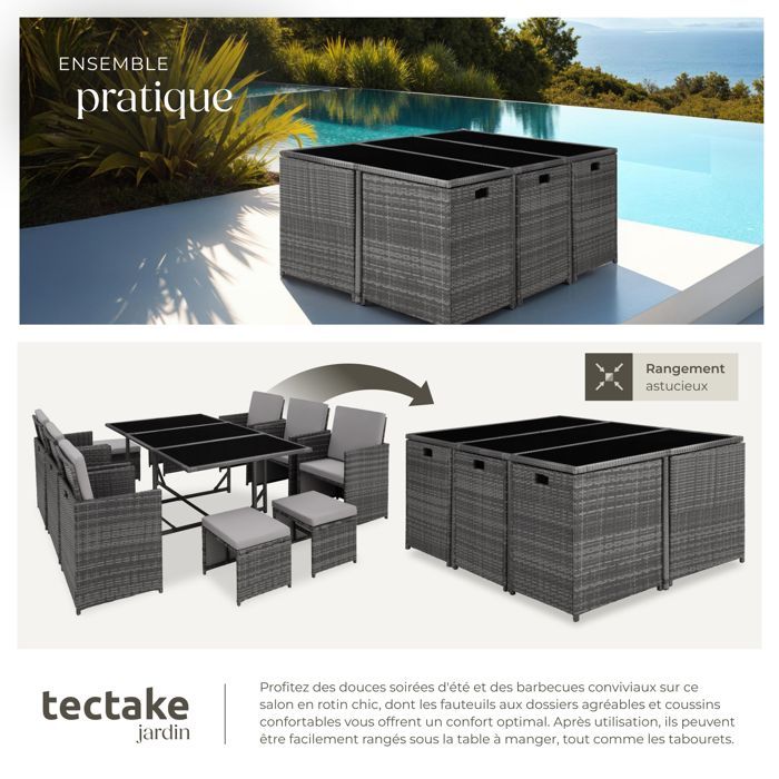 Salon de jardin - TECTAKE - Ensemble repas d'extérieur MALAGA 10 personnes pliable encastrable en rotin avec housse - Gris