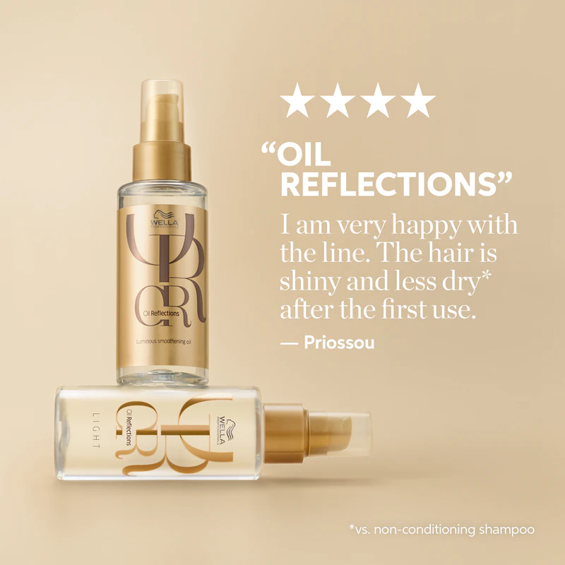 Óleo alisador Wella Professionals Oil Reflections para cabelos brilhantes e macios.