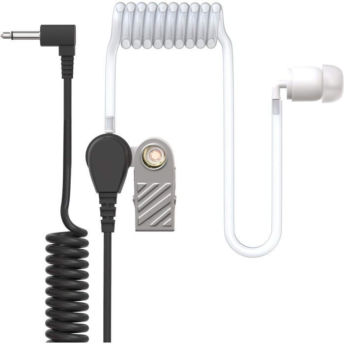 Enkelzijdige in-ear oortelefoon met transparante akoestische buis, 2,5 mm jackplug en oortelefoonclip voor gebruik met hoortoestellen.