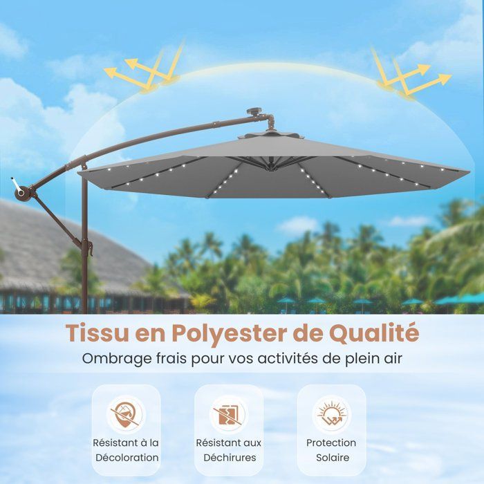Ombrellone decentrato COSTWAY da 3 m con 40 LED - Base a croce con sacco di sabbia - Tessuto in poliestere grigio con protezione UV 20+ - Pannello solare da 6 ore