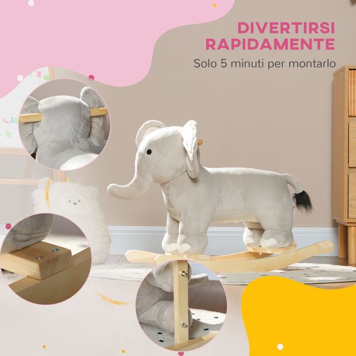 Cheval à bascule pour enfant, jouet à bascule en peluche, en forme d'éléphant, à effets sonores, avec poignées, gris