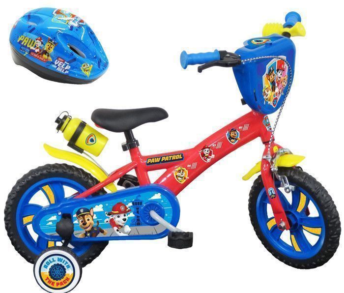 Vélo enfant 12'' Pat Patrouille pour enfant < 90 cm - équipé de 1 frein, 2 stabilisateurs amovibles et plaque avant + CASQUE INCLUS