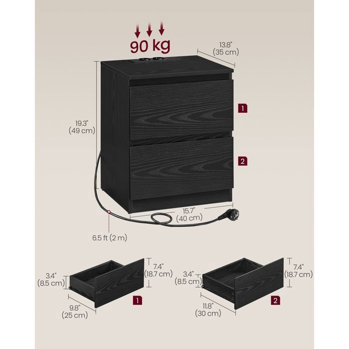 VASAGLE Set of 2 Bedside Tables with Power Strips, Side Tables, 2 Drawers, 2 AC Outlets, 2 USB-A Ports, Modern, Black Wood Finish