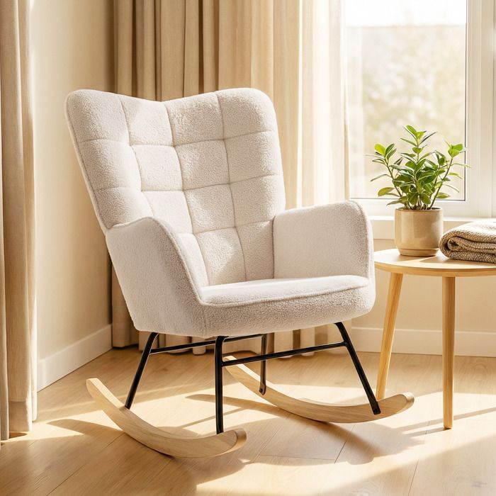 Rocking chair - HOMCOM - looped wool effect upholstery - steel frame - solid wood legs - beige