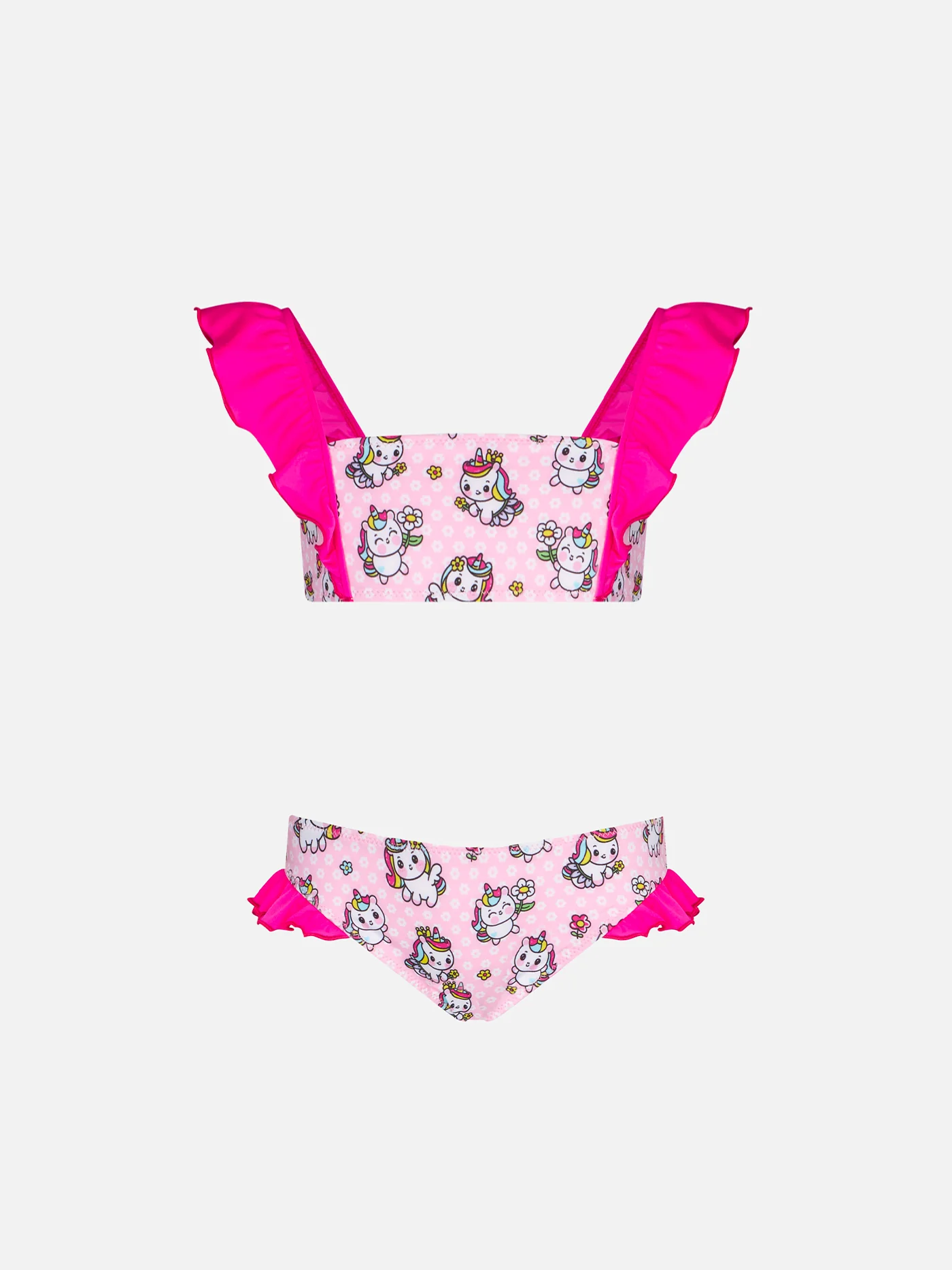 Bandeaubikini voor meisjes met ruches en eenhoornprint.