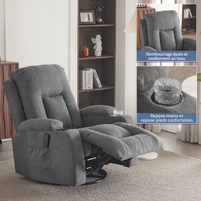 Massage- en verwarmingsstoel, met 360° draaifunctie, handmatig verstelbare rugleuning, 76x85x105 cm, donkergrijs
