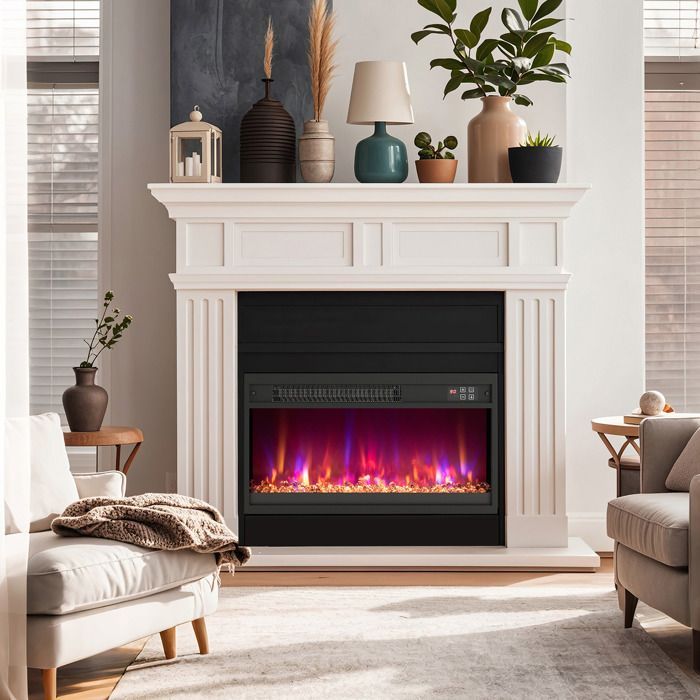 Caminetto elettrico GOPLUS da 1500 W, 23 pollici, effetto fiamma 3D e 8 colori, 3 livelli di luminosità, temperatura regolabile da 17 a 32 °C, timer da 9 ore, lunghezza 61 cm.