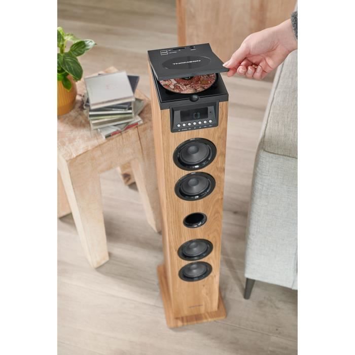 Altavoz de torre THOMSON - Negro/Madera - Bluetooth/CD/USB/SD, 60W, Radio FM, Control remoto, Fuente de alimentación de 230V
