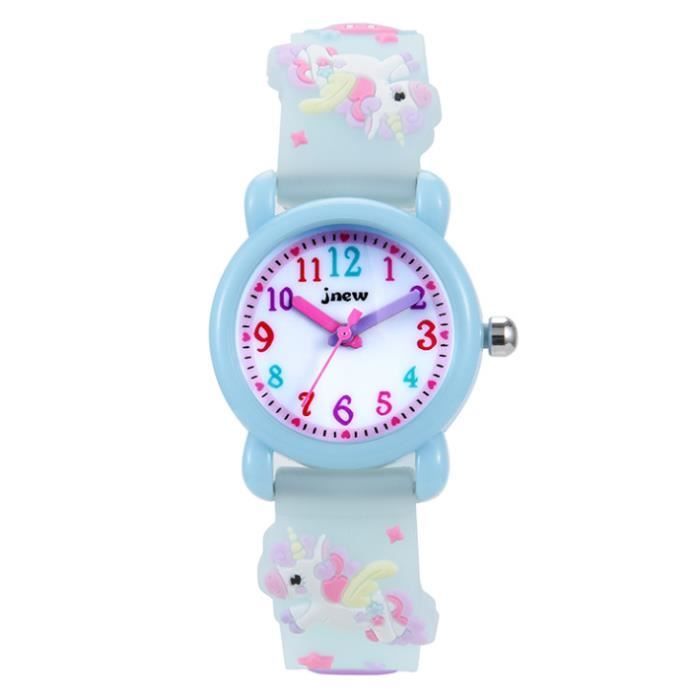 Reloj infantil SHARPHY para niñas, resistente al agua, con movimiento de cuarzo y gel de silicona, diseño de unicornio azul de dibujos animados.