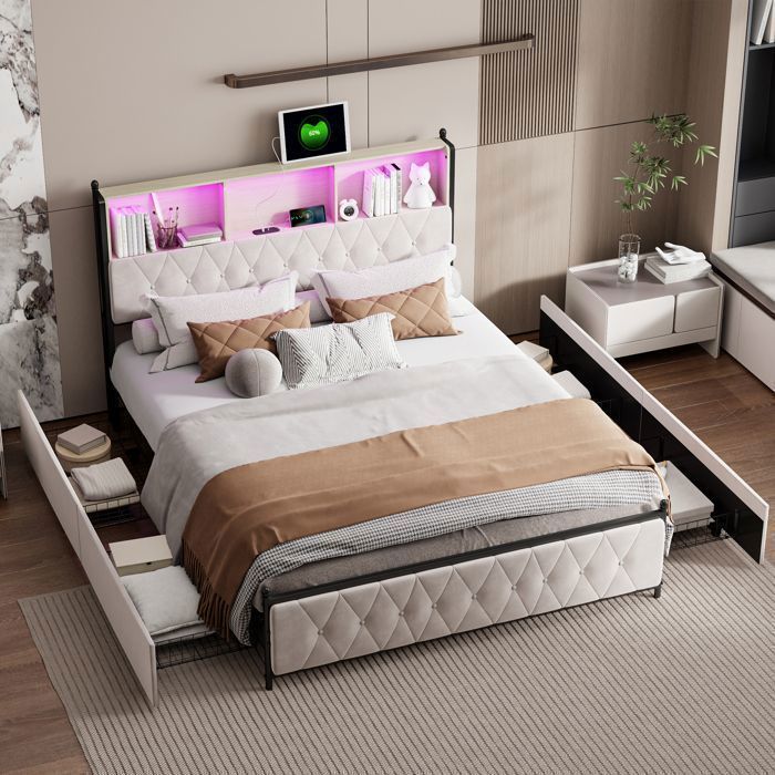 Cama adulta de 180x200 cm - Cama con almacenamiento y 4 cajones - Cama tapizada con iluminación LED y puertos USB - Andeonline - Terciopelo beige