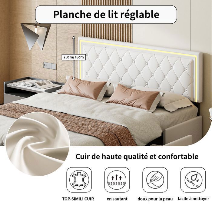 Lit Double Capitonné - AMBIANCE - 160 x 200 cm - Éclairage LED - avec 4 Tiroirs - avec Tête de Lit hauteur réglable