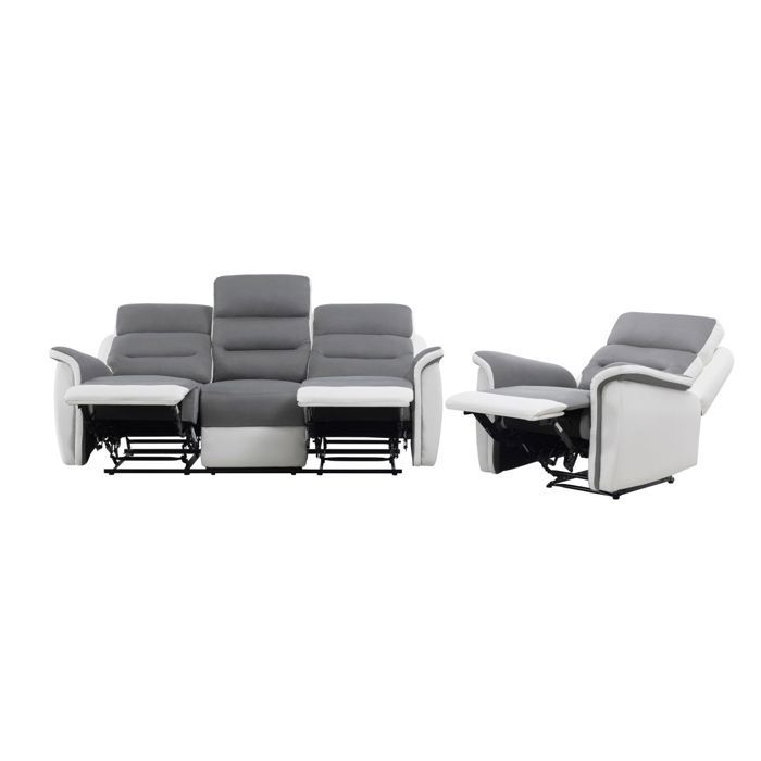 Sofá reclinable de 3 plazas y 1 sillón LÉOn'en de piel sintética blanca y gris - LOUNGITUDE