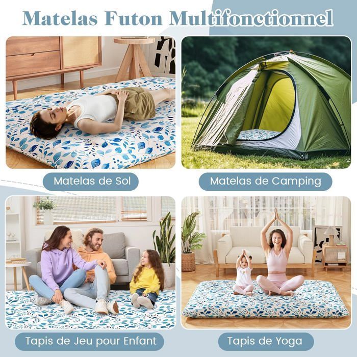Colchón futón COSTWAY de 140 x 200 cm, con sobrecolchón extraíble y lavable, colchón portátil para suelo con bolsa de transporte y estampado de hojas.
