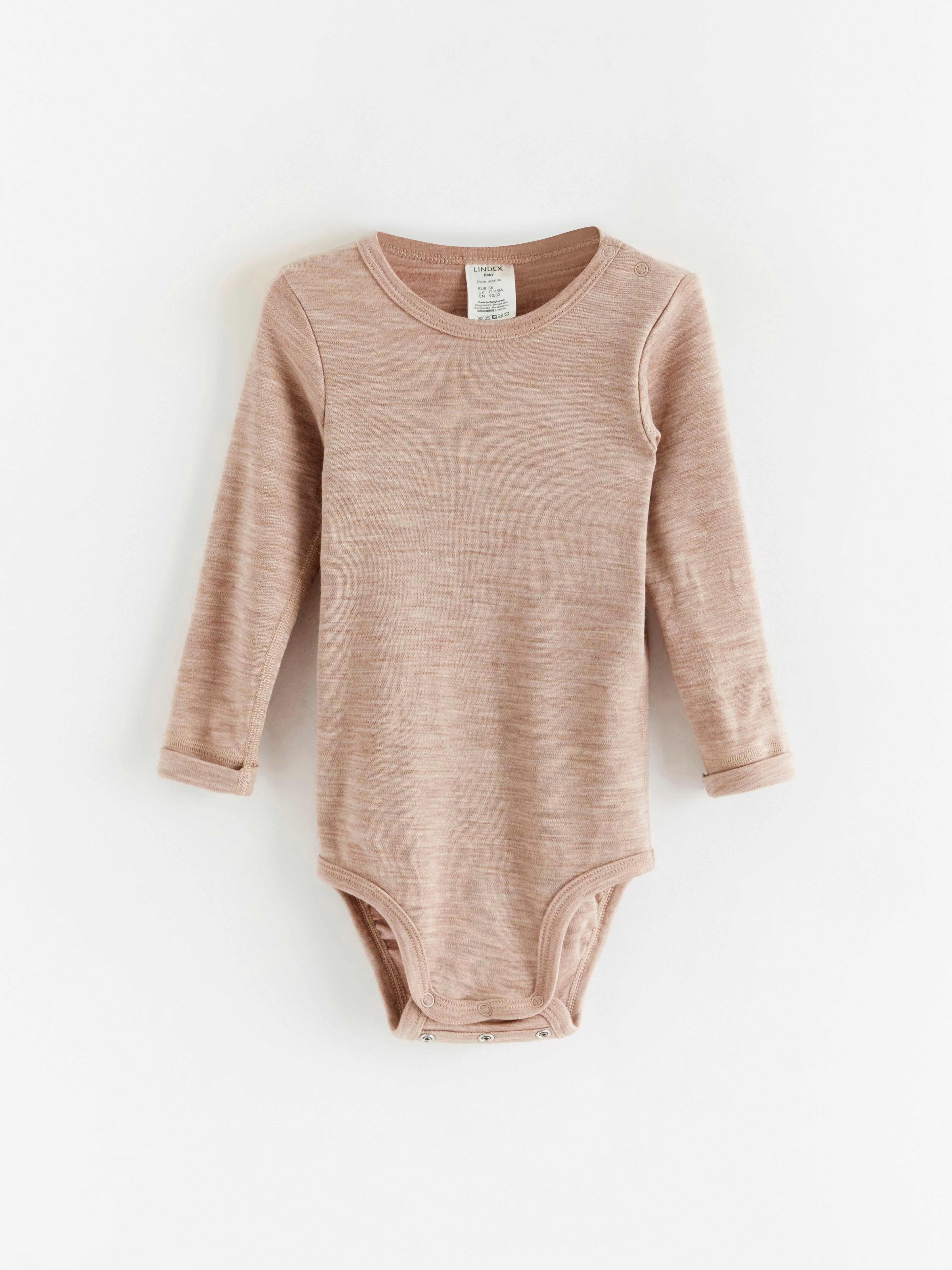 Långärmad body i merinoull Light Beige Melange