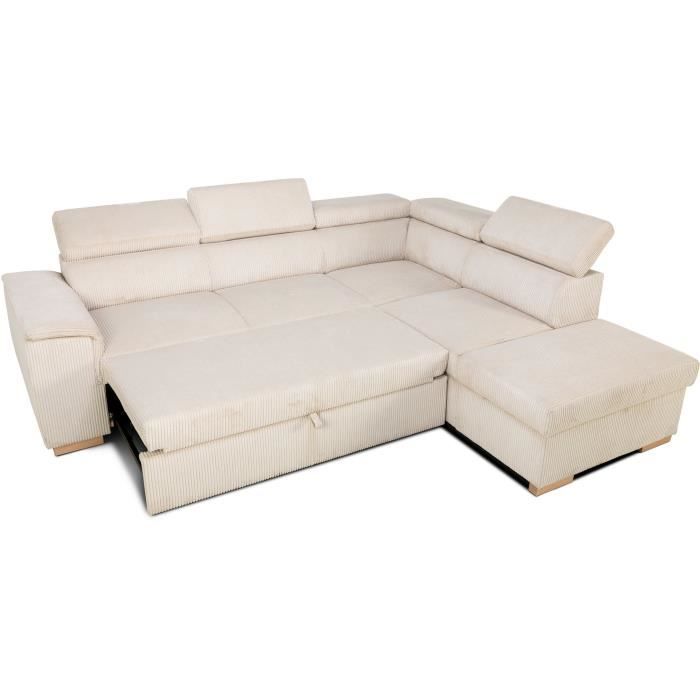 Sofá cama esquinero reversible DAYTONA de 5 plazas - Pana beige - Compartimento de almacenamiento - Ancho 260 x Alto 94 x Profundidad 216 cm
