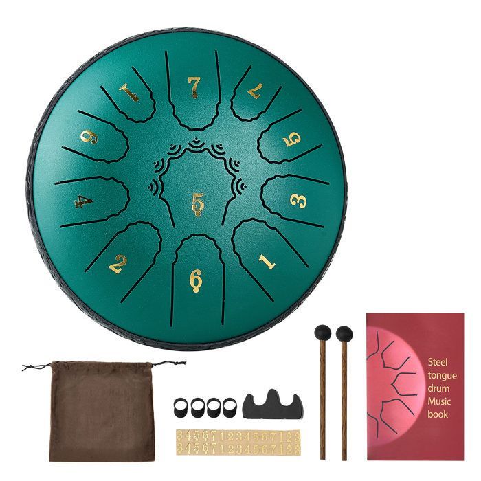 Tamburo a linguetta in acciaio VEVOR da 165 mm - 11 note - Tamburo della pioggia per giardino esterno - per educazione musicale - Verde