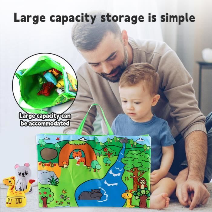 Jouet Montessori - AQSACOKIYA - Livre d'animaux de jungle - 6 animaux - Tapis de jeu - Sac de rangement