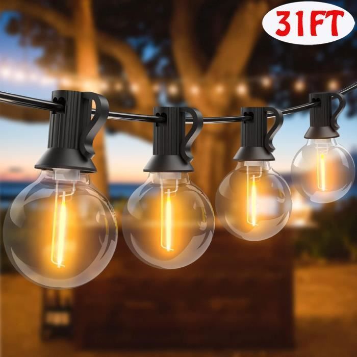 Guirlande Lumineuse Extérieure,31FT Guirlande Guinguette LED G40 Ampoules 15+2 Rechange,Guirlande Exterieur Étanche.