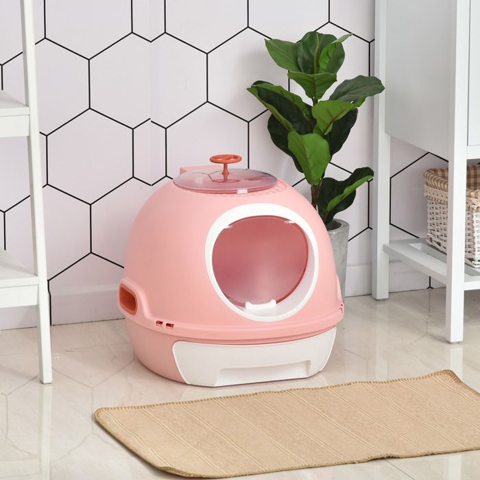 Bac à litière pour chat - maison de toilette - PawHut - portable tiroir coulissant porte battante pelle - plastique - rose