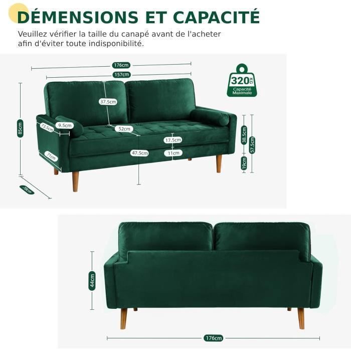Bequemes 3-Sitzer-Samtsofa im skandinavischen Stil mit 2 Kissen für das Wohnzimmer, moderner Sessel 78×176×85cm, Grün