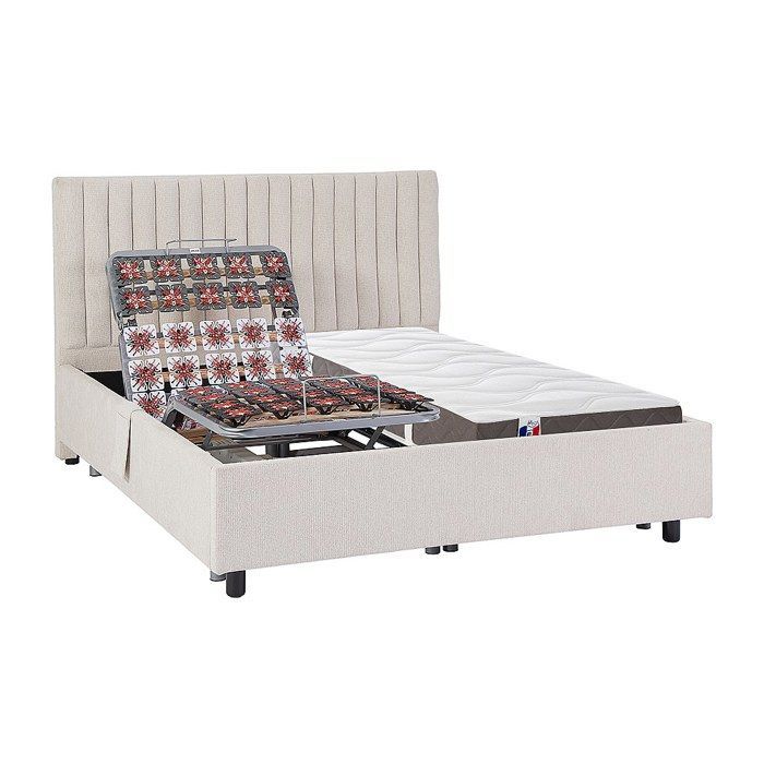 Lettino relax elettrico con doghe decorative + materasso 100% lattice a 3 zone - 2 x 70 x 190 cm - Tessuto - Beige - TIARI by YSMÉE