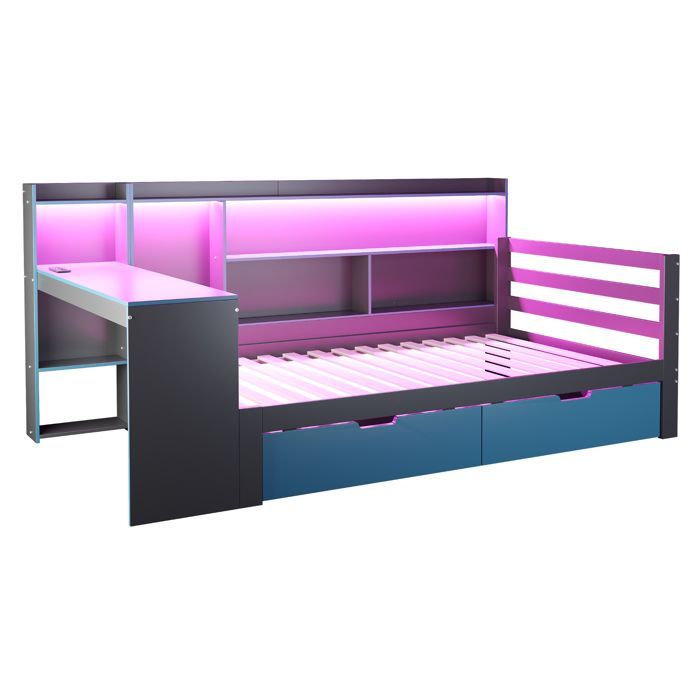 Cama individual de 90x200 cm con LED - 2 cajones y compartimentos de almacenamiento - toma de corriente - negro+azul