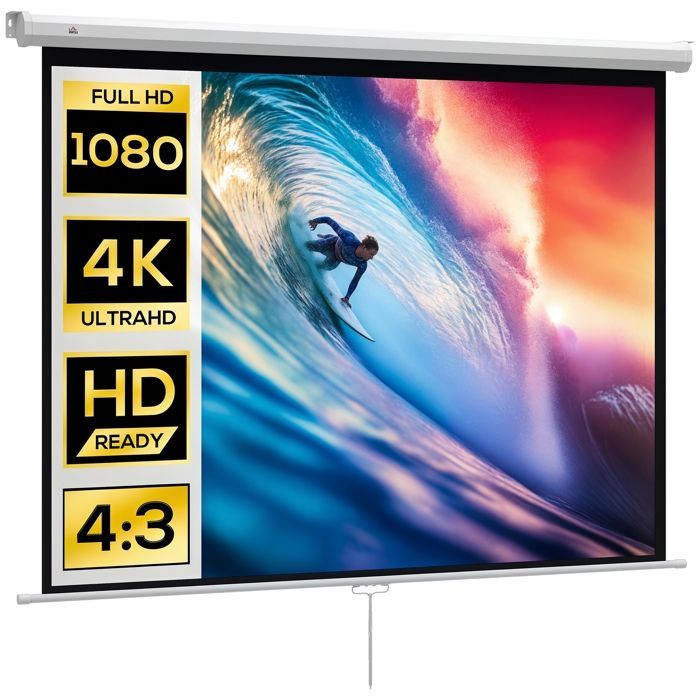 Pantalla de proyección HOMCOM de 84 pulgadas, formato 4:3, resolución 4K HD, para cine en casa, montaje en pared o techo, dimensiones: 181 cm (ancho) x 8 cm (profundidad) x 138 cm (alto), color blanco.