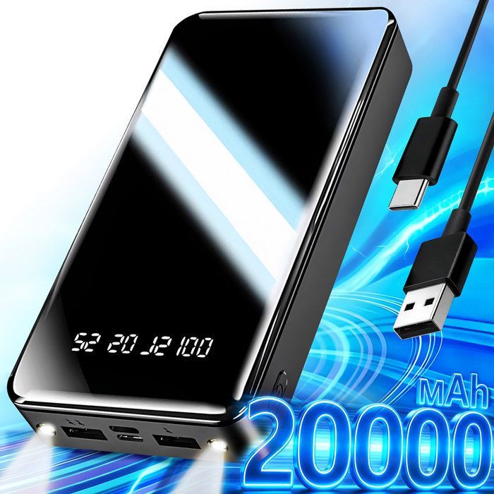 BYONDSELF® External Battery, 20000 mAh, with LED light, Battery Level Display, 14x6.9x2.7cm, Black
