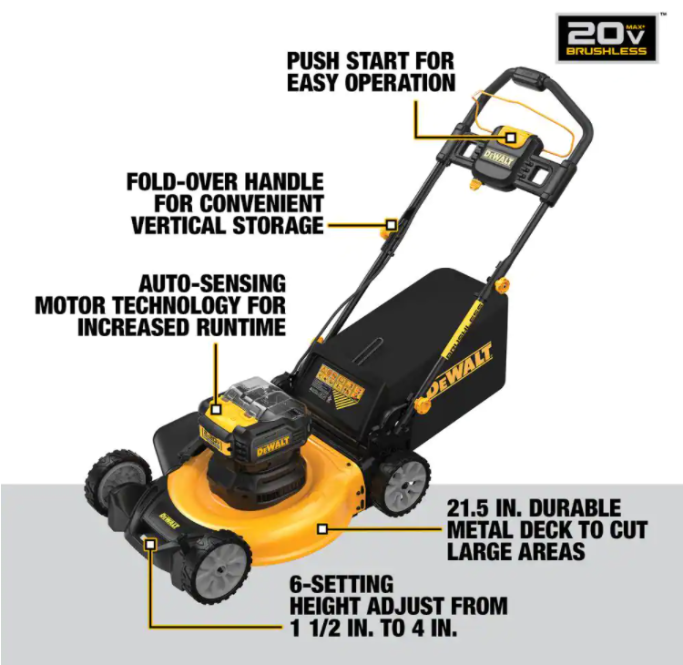 Cortador de grama manual DEWALT MAX de 21,5 polegadas com bateria de íon de lítio de 20 V