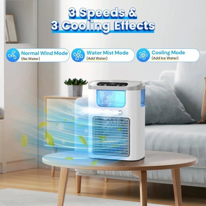 Aire acondicionado portátil multifuncional con batería recargable, 3 velocidades, 3 modos de vaporización y funcionamiento silencioso.